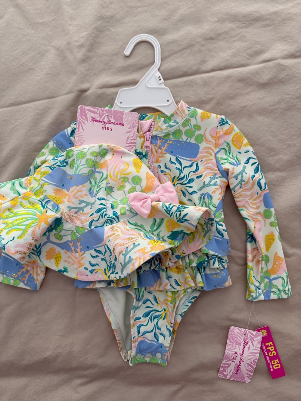 Tommy Bahama Kids Pink Sea Life Long-Sleeve Swimsuit with Hat NWT